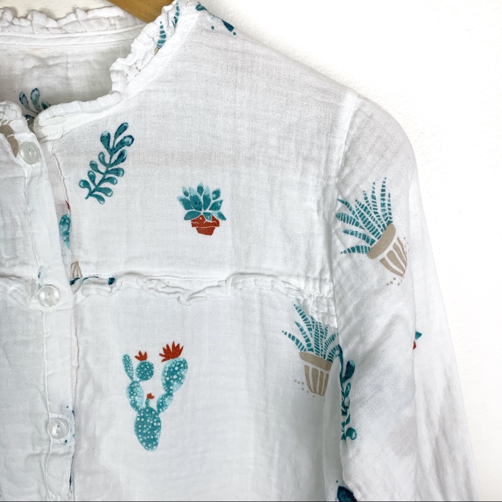 Succulent Print Button Up Long Sleeve White Blouse - Picture 4 of 5